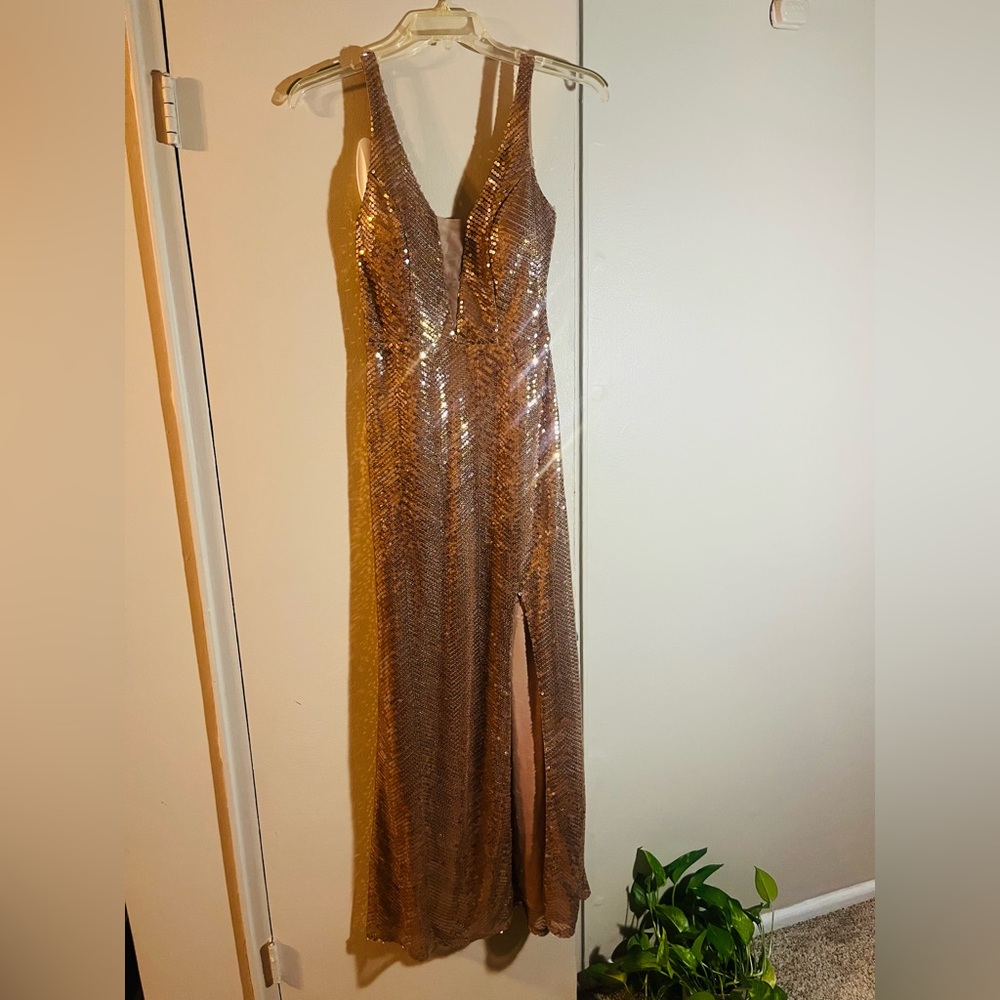 Tan,Bronze  full length gown with low cut front and back Sequin